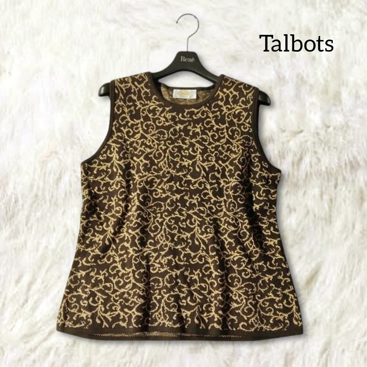 74 【Talbots】 タルボット ノースリーブ ニット ベスト トップス 茶色 ブラウン ベージュ 総柄 クルーネック 丸首 秋冬 レディース拍卖
