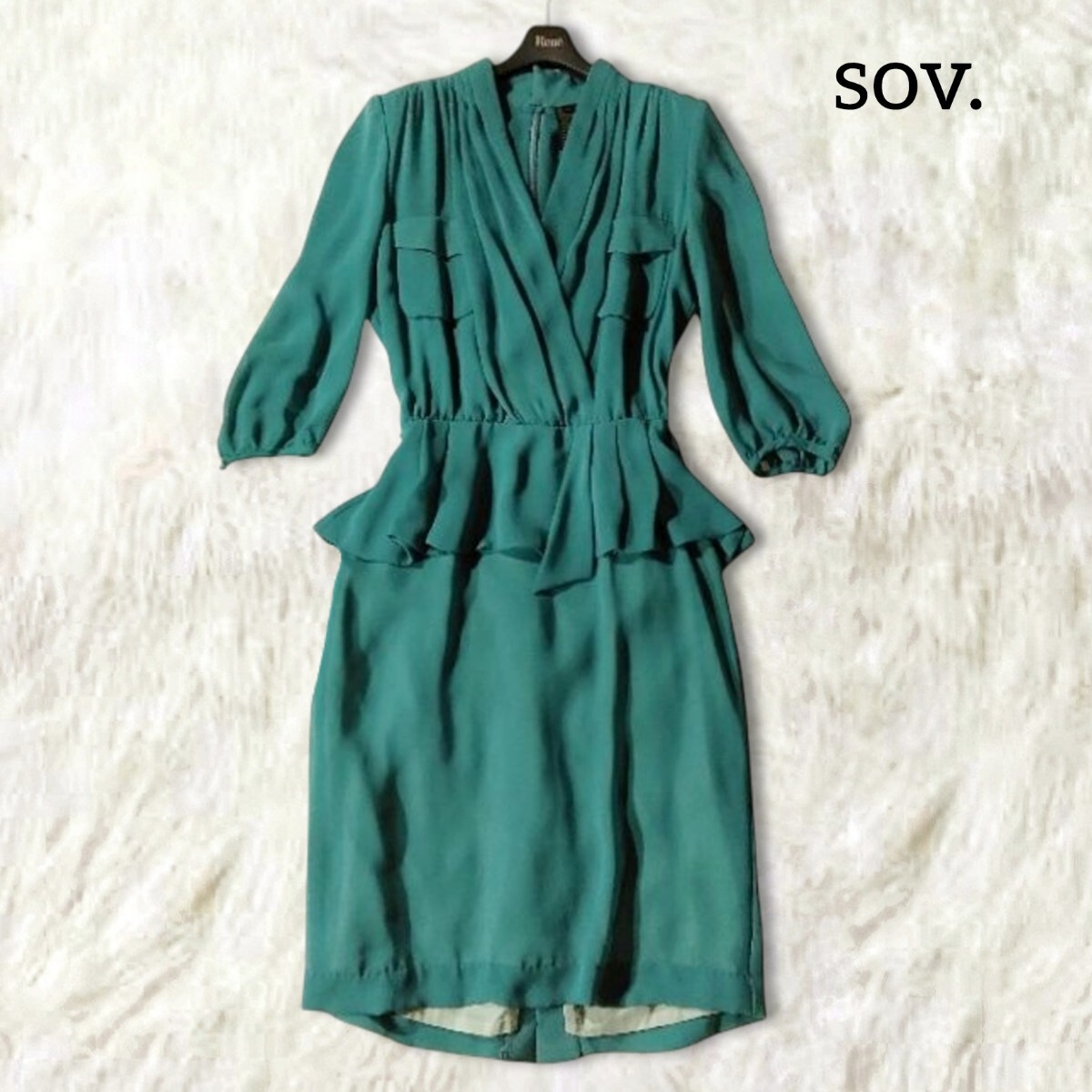 75 【sov】 ソブ ワンピース グリーンブルー 個性的 カシュクール ひざ丈 タック フォーマル シアー ダブルスタンダードクロージング拍卖