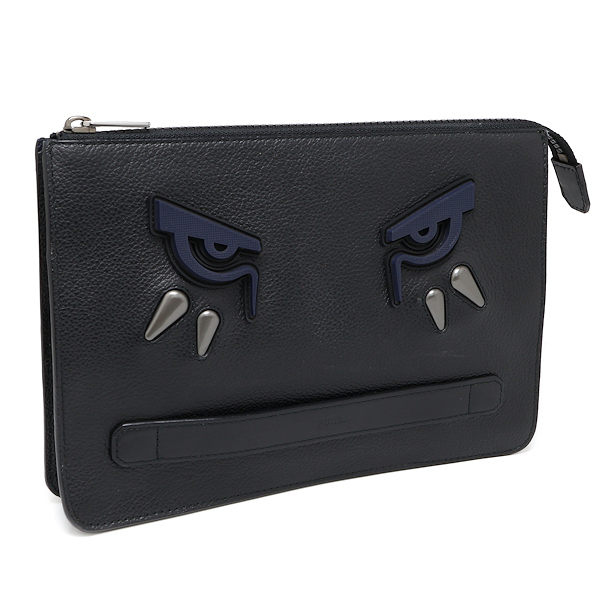 美品 フルラ クラッチバッグ モンスター レザー ブラック×ネイビー メンズ FURLA拍卖