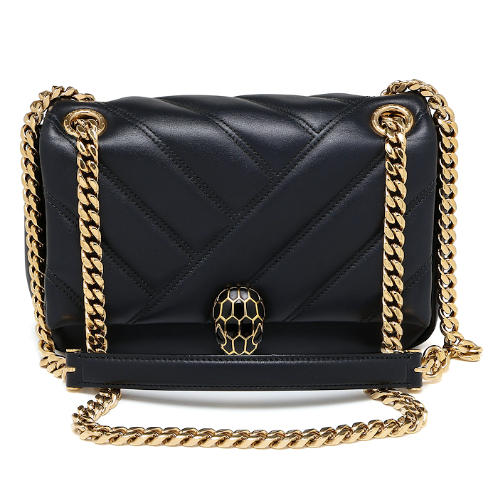 美品 ブルガリ セルペンティ カボション チェーンショルダーバッグ レザー ブラック BVLGARI拍卖