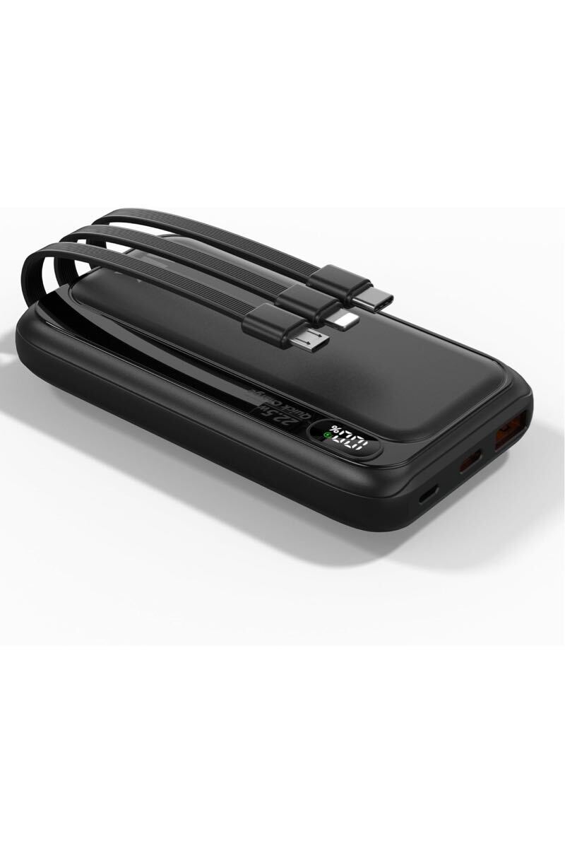 モバイルバッテリー 大容量 20000mAh 小型 22.5w急速充電 ケーブル内蔵 LED残量 持ち運び便利 スマホ拍卖