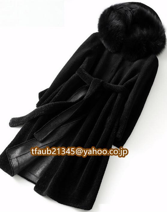 【ケーリーフショップ】帽子付★最高級★フォックスファー襟付き羊毛ロングコート 黒毛皮、ファー拍卖