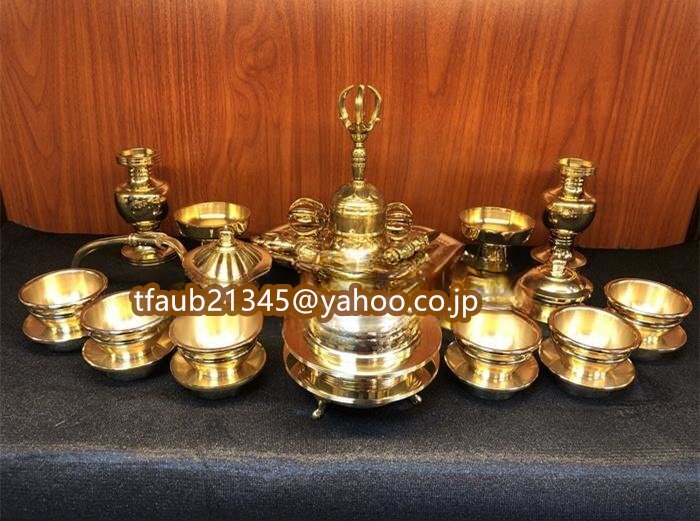 「密教法具 寺院仏具」極上品 真言宗 前具(一面器)大型 金剛杵/金剛鈴/金剛盤/洒水器/塗香器/六器/火舎香炉 真鍮製 磨き仕上げ 仏具拍卖