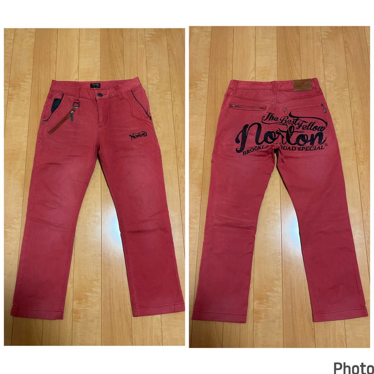 良品☆Norton/ノートン S.実寸W75 革パッチ・ストレッチ生地.USED加工テーパードパンツ バックBIGロゴ入&両面刺繍&バックル風Dリング付!拍卖