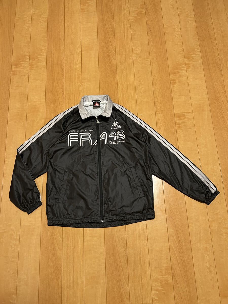 良品☆デサント社製/ルコック サイズS大き目 裏地メッシュ生地付.ブラックナイロンジャケット/フルジップ BIGロゴ刺繍入&袖ライン入 黒拍卖