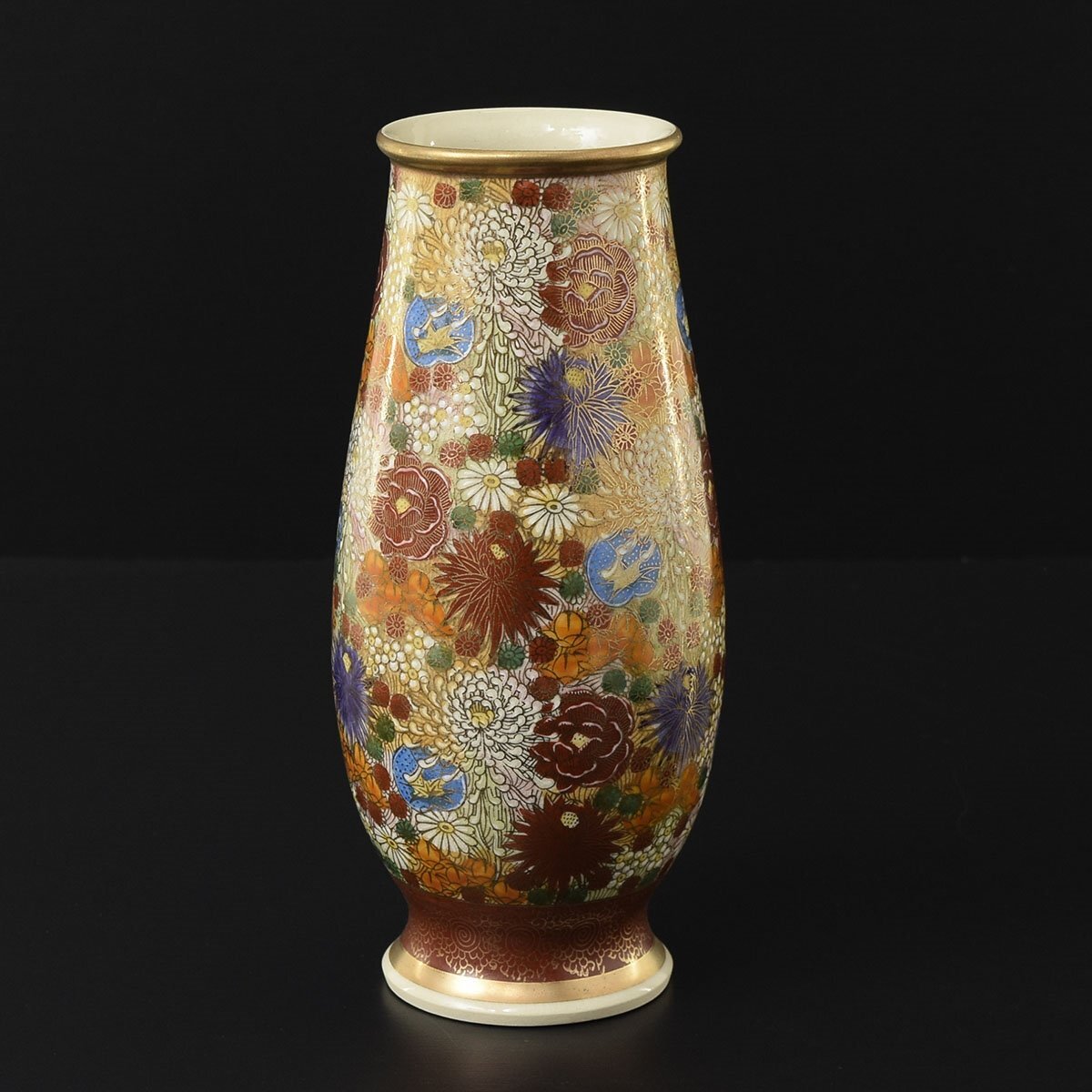 ◎535882 美品 豪華絢爛 九谷 細密花詰色絵金彩百花繚乱図花瓶 高約24.5cm 時代九谷骨董古美術拍卖