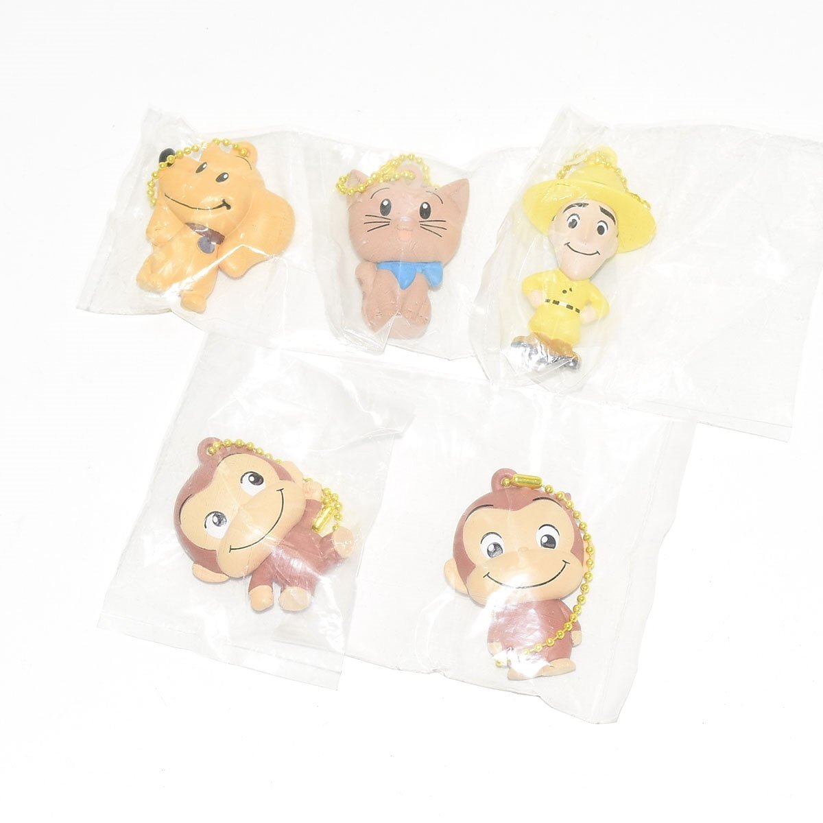 ★548030 未使用品 おさるのジョージ ぺたんこマスコット 全5種セット ジョージ 黄色い帽子のおじさん ハンドリー ニョッキ拍卖