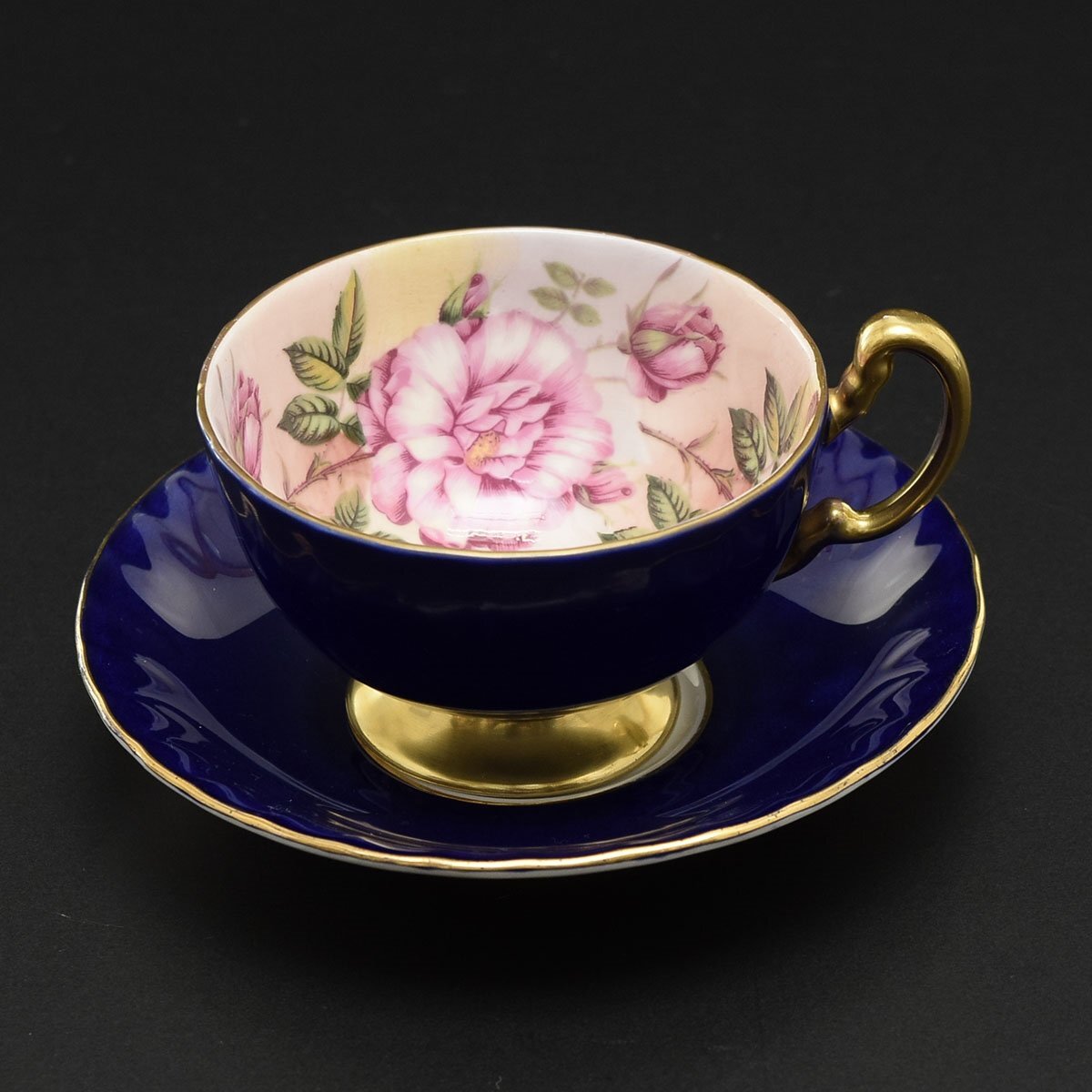 ◎543755 AYNSLEY エインズレイ 希少 キャベッジローズ ネイビー カップ&ソーサー キャベツローズ コバルトブルー拍卖