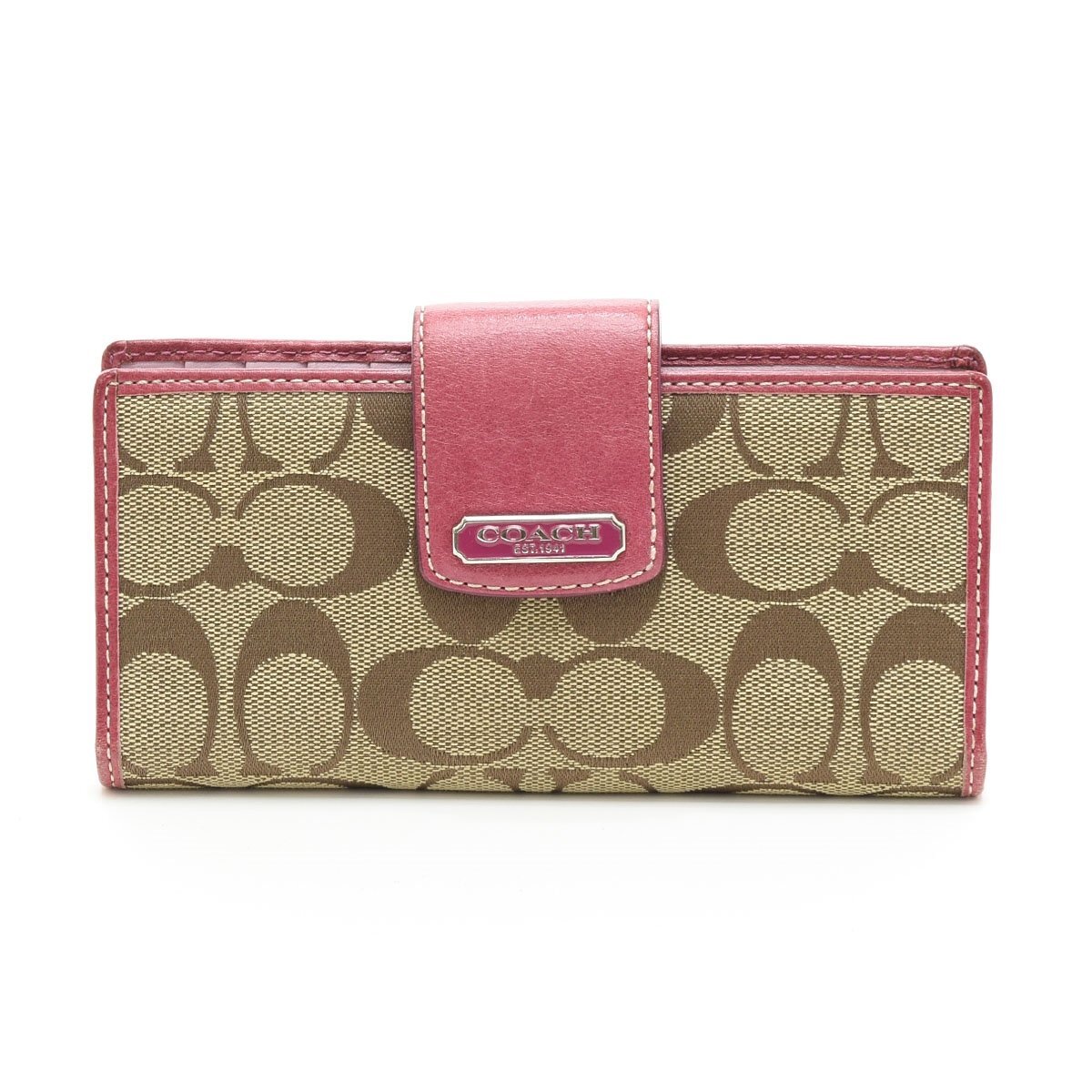 □565601 COACH コーチ 二つ折り長財布 シグネチャーキャンバス レディース ピンク ベージュ拍卖
