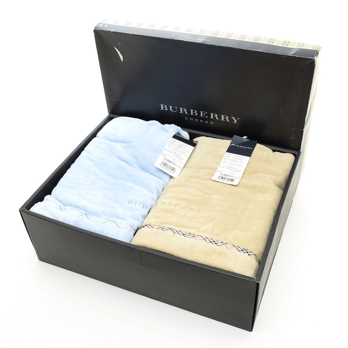 ◎521339 未使用品 BURBERRY バーバリー 『2枚セット』 シール織綿ハーフケット 毛布 ノバチェックロゴ刺繍 100×140 西川産業 日本製 箱入拍卖