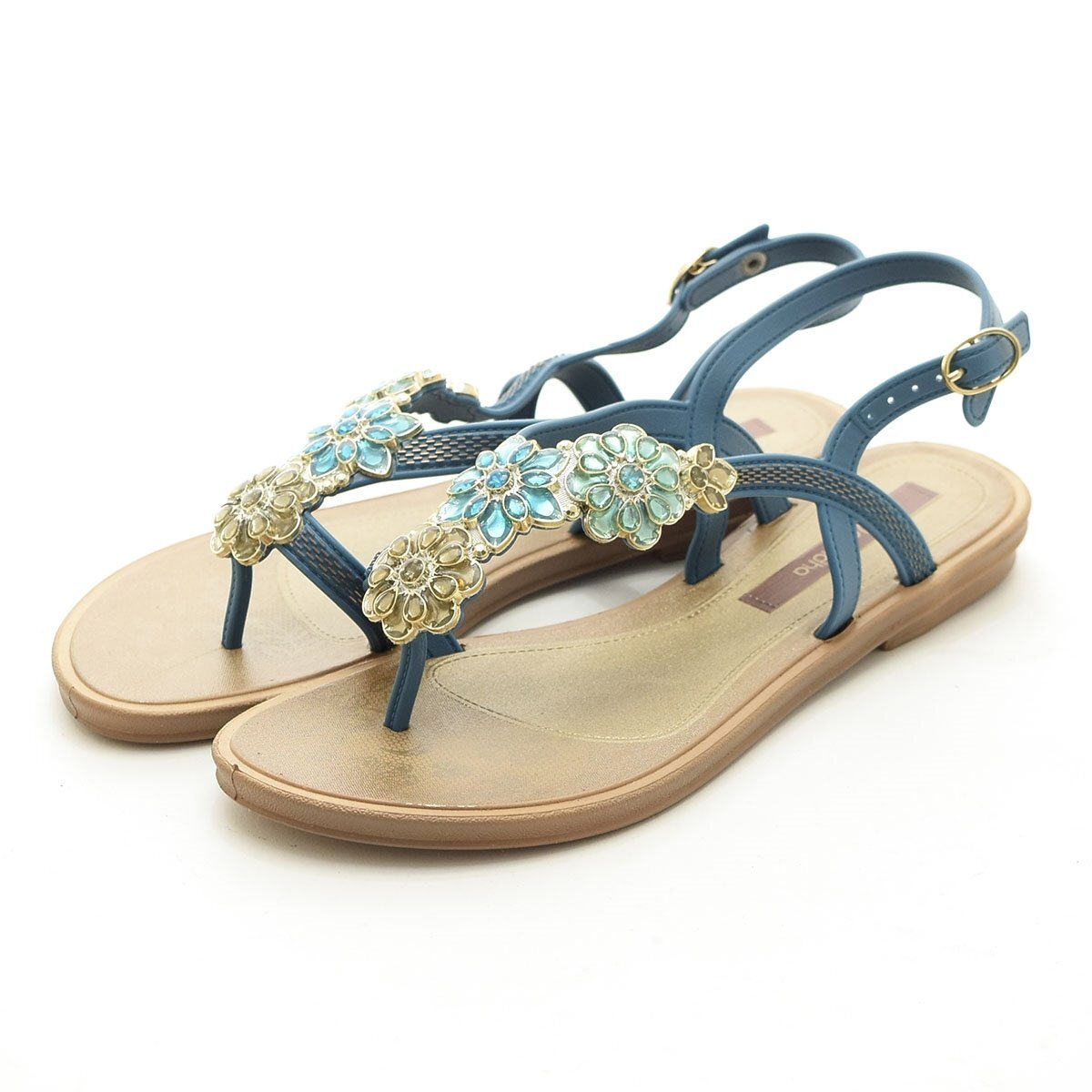 ◇550352 grendha グレンダ サンダル フラワービジュー風ストラップ36(23.5-24.0cm)レディース ブルー ベージュ ペタンコ ビーチサンダル拍卖