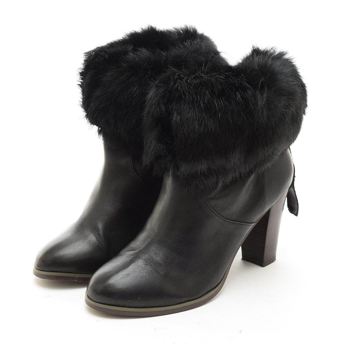 ◇557344 LUSSO MALENA ルッソマレーナ ショートブーツ ブーティ ファーリボンハイヒール 37(23.5cm相応)/H8.5cm レザー 日本製 ブラック拍卖