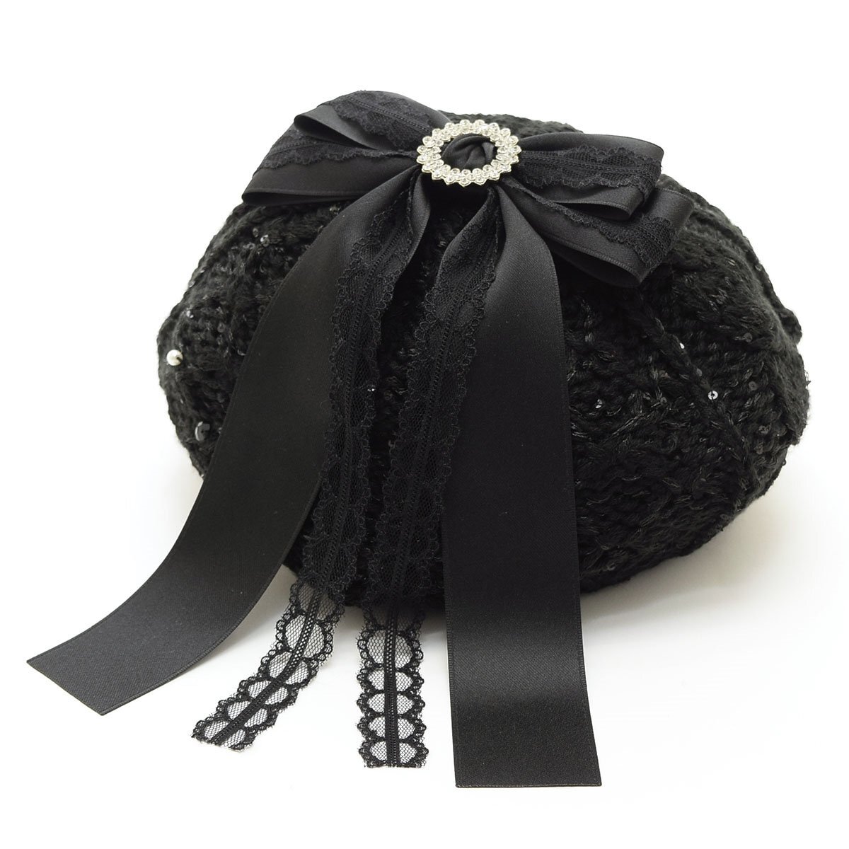 ◇534139 MOONBAT ムーンバット 帽子 ニットキャップ レースリボンニットベレー帽 サイズフリー レディース ブラック拍卖