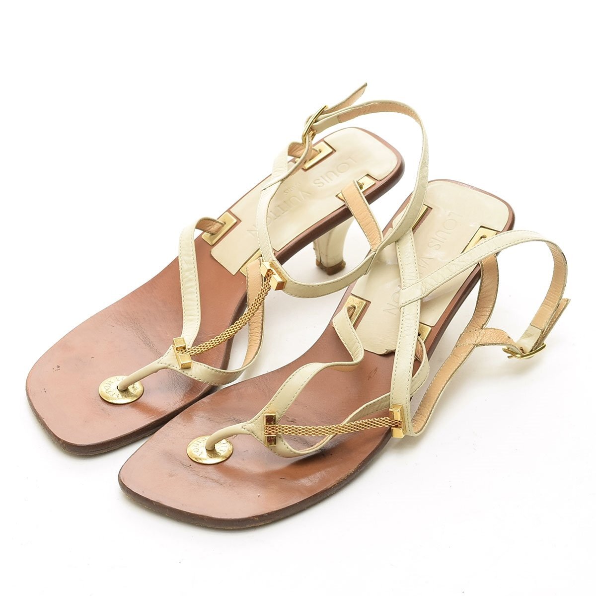 □529839 LOUIS VUITTON ルイヴィトン レザー ヒール サンダル サイズ35H(23.0cm相応) レディース拍卖