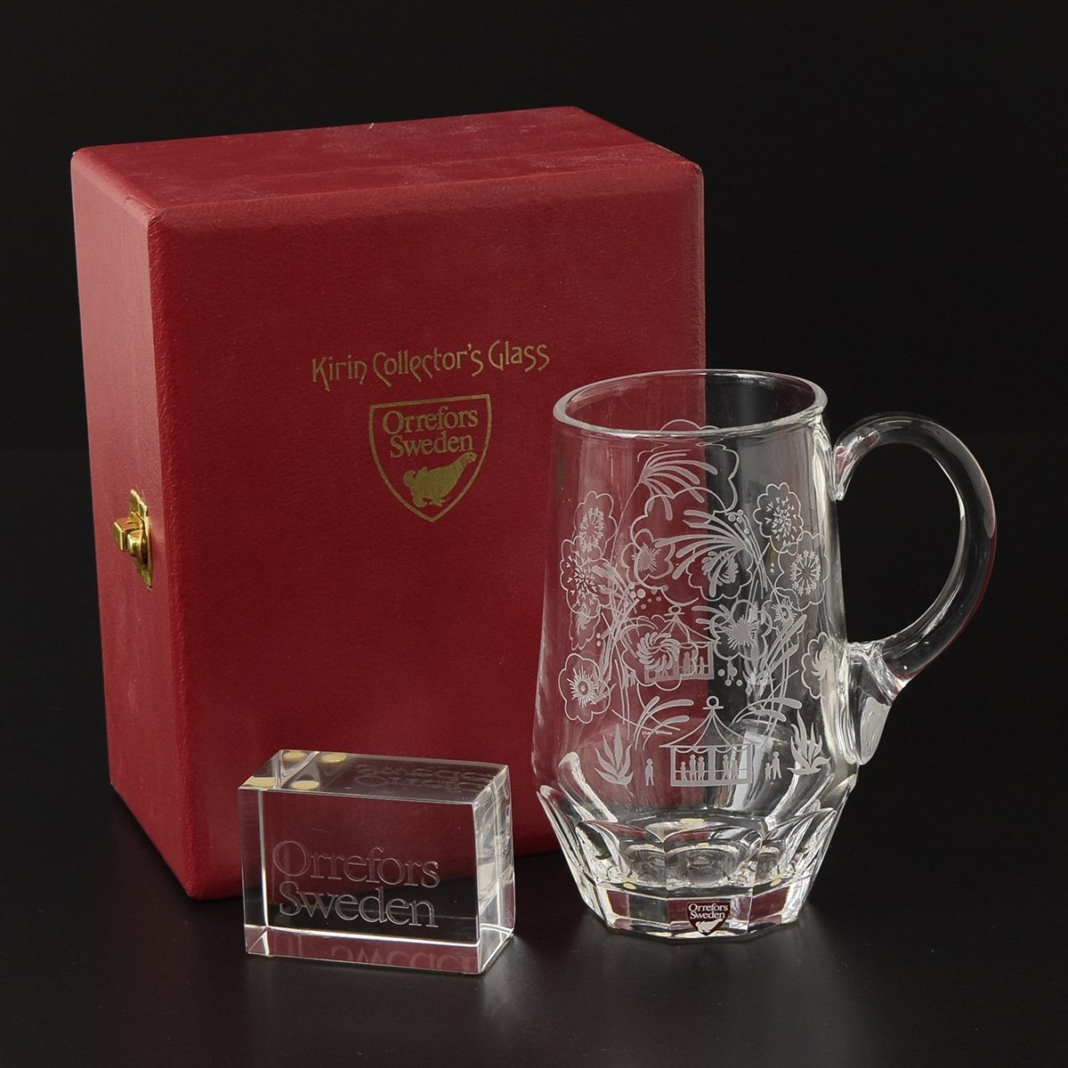 ◎494197 未使用品 Orrefors オレフォス キリンコレクターズグラス 1984年 エングレービング 『ファイア・ワークス』ビアマグ BOX付拍卖