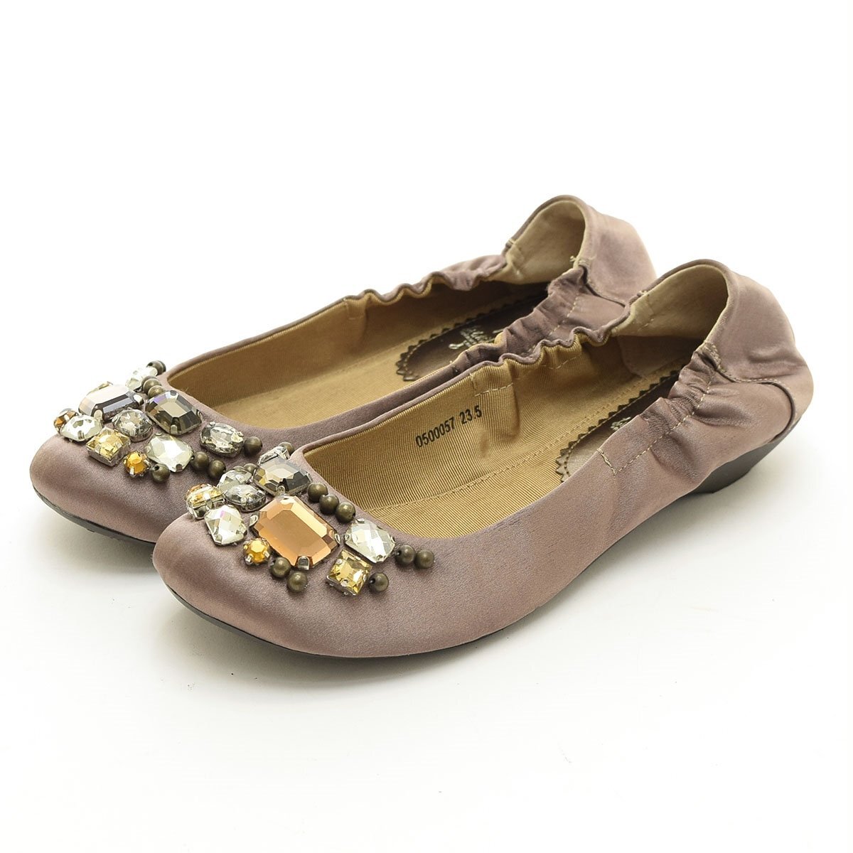 ◇556940 あしながおじさん バレエシューズ パンプス ビジュー フラットシューズ サイズ23.5cm サテン レディース ベージュブラウン拍卖