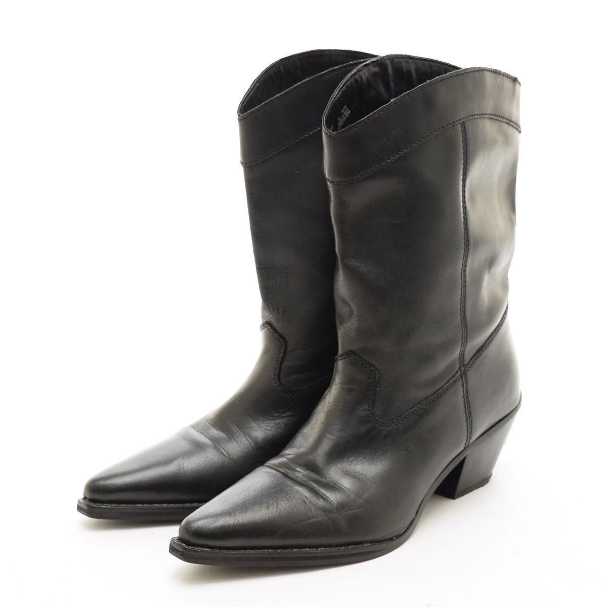 ◇555163 ZARA ザラ ショートブーツ ウエスタンブーツ サイズ40(26.0cm相応) レザー レディース ブラック拍卖