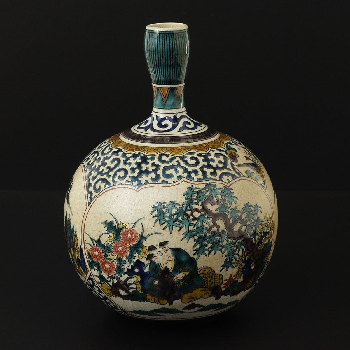 ◎531718 九谷焼 角福 青手古九谷 細密色絵花鳥人物浦島窓絵図 花瓶 古美術品(吉田屋)拍卖