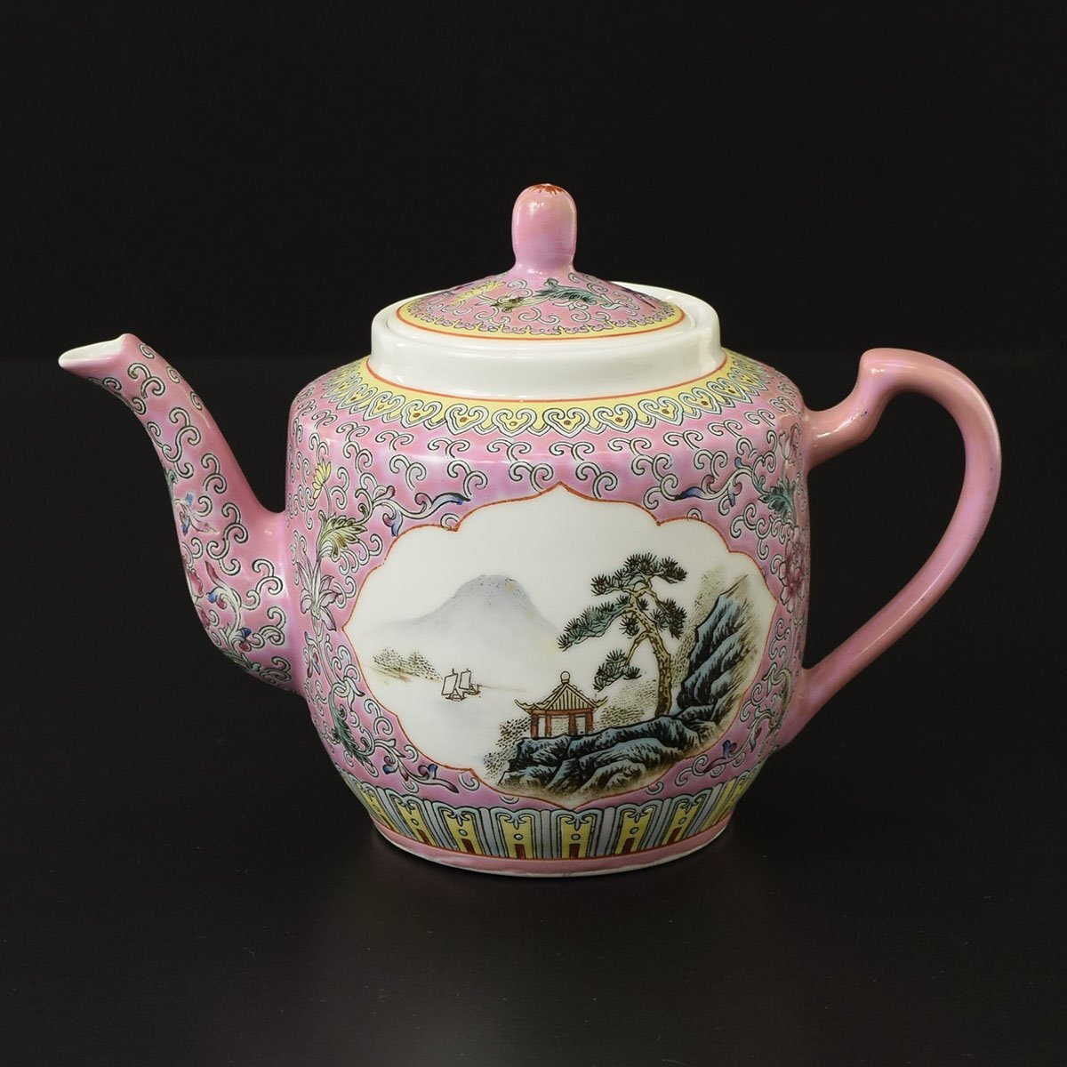 ◎530299 珍品 唐物 中国景徳鎮 赤地(ピンク系)十錦手 花唐草文山水窓図 急須 茶道具煎茶道具中国美術粉彩色絵拍卖