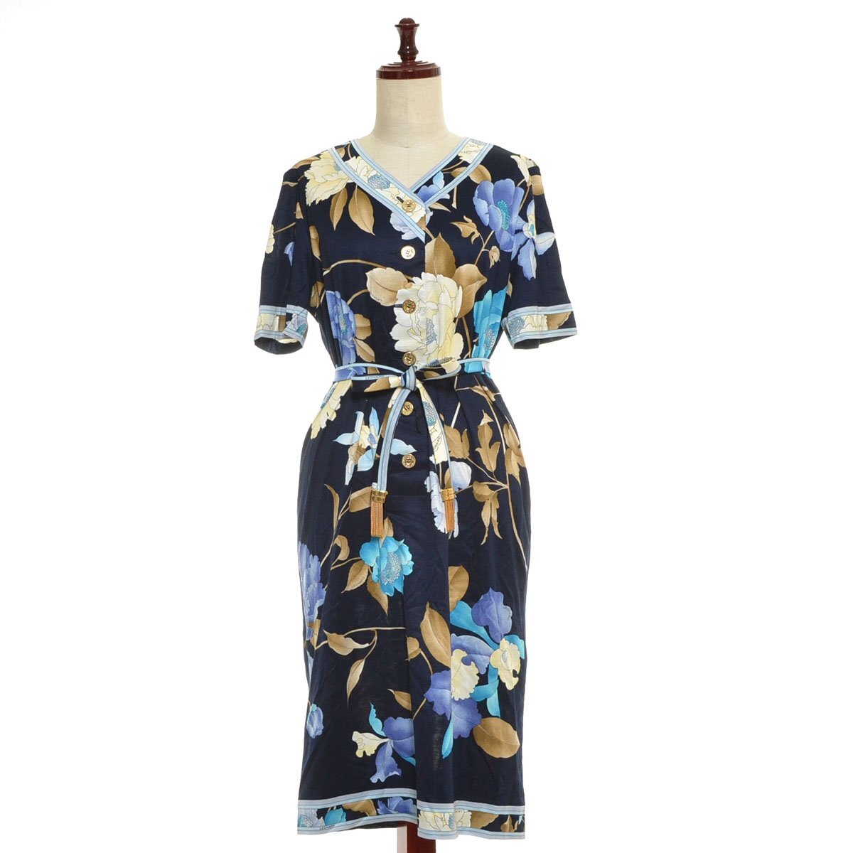 ◇561633 LEONARD レオナール ミディワンピース ◇ベルト付き総花柄ワンピース サイズL レディース 日本製 ネイビー拍卖