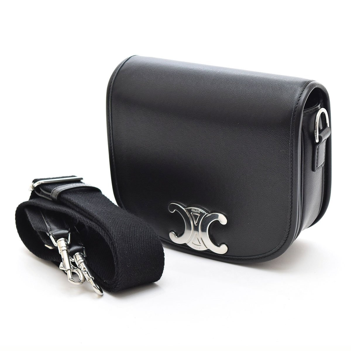 □567928 CELINE セリーヌ ポシェット ミニショルダーバッグ スモール ブザス ストラップ トリオンフ サプルカーフスキン レザー ブラック拍卖