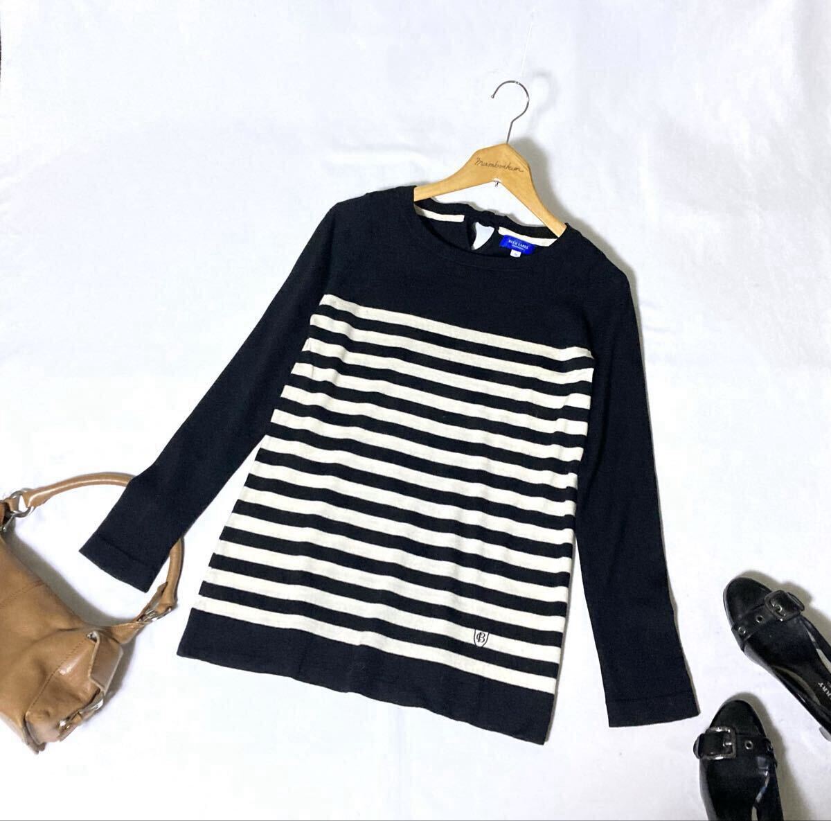 美品 ブルーレーベルクレストブリッジ 後ろおリボンが可愛いボーダー柄切替えウールニット 38 送料230円♪拍卖