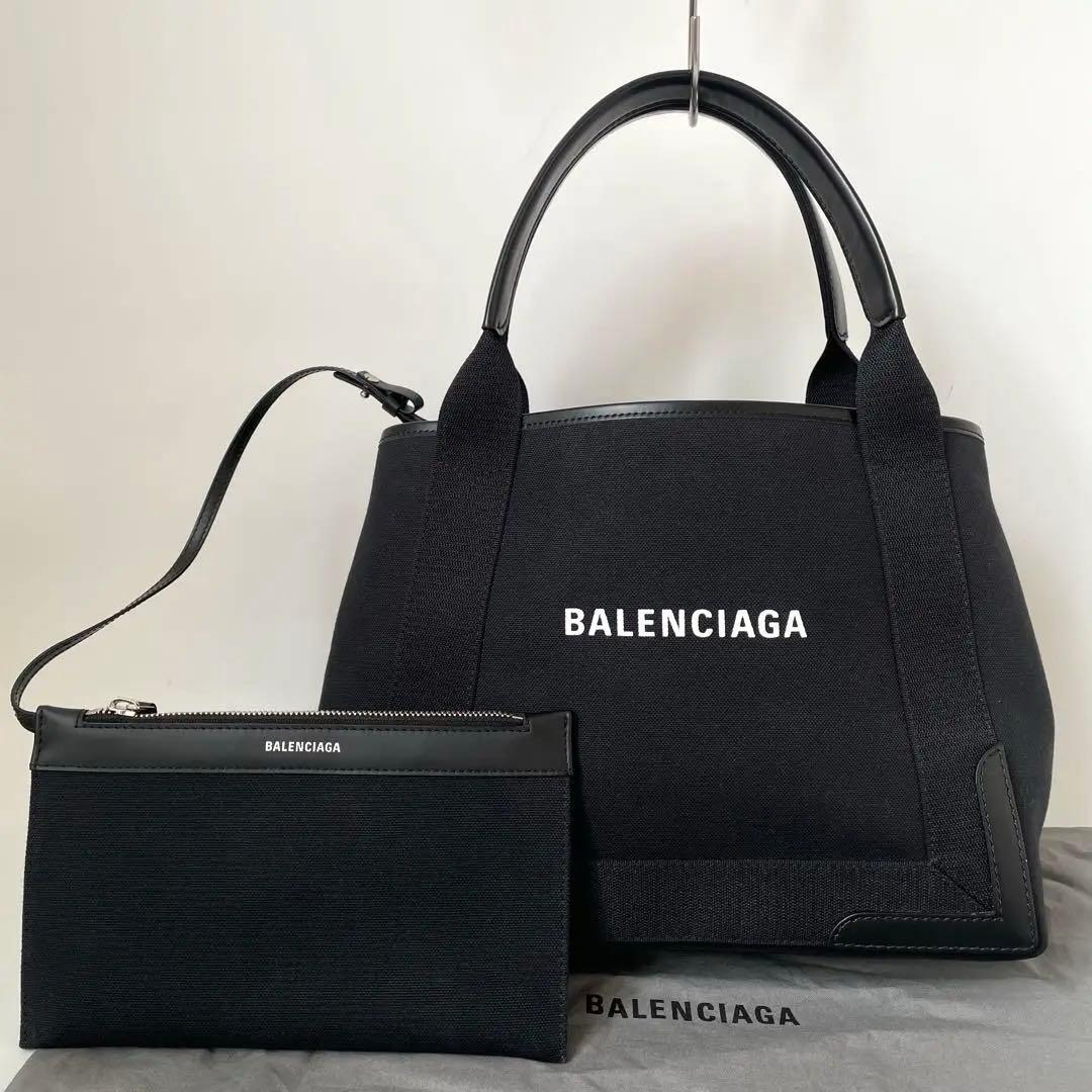 【未使用品】BALENCIAGA バレンシアガ ネイビーカバスS スモール トートバッグ 肩掛け キャンバス レザー A4収納 黒 339933拍卖