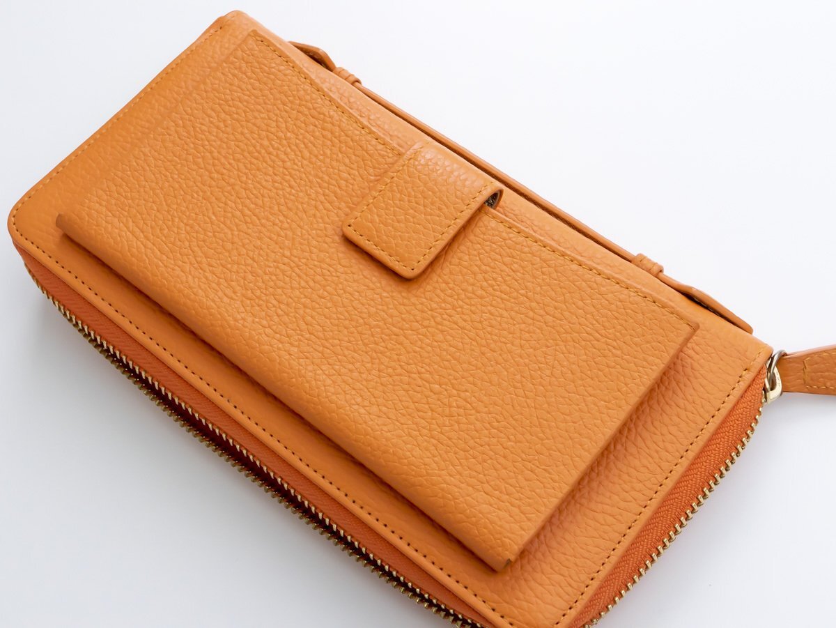財布 ポーチ セカンドバッグ スマホ入れ ラウンドジップ 長財布 シュリンク オレンジ モーダマニア modamania拍卖