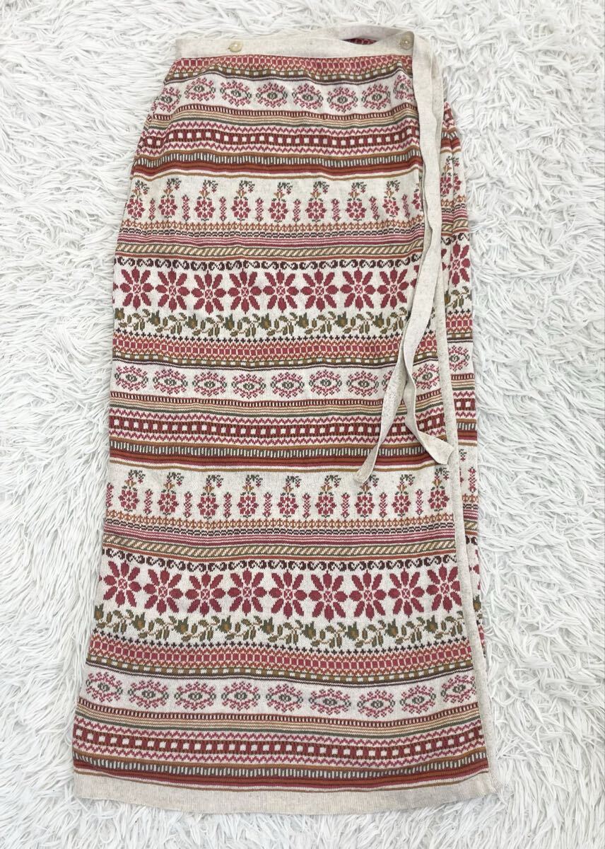 美品 laura ashley ローラアシュレイ イギリス製 総柄 民族衣装 リネン混 巻きスカート ロング丈 レディース Mサイズ拍卖