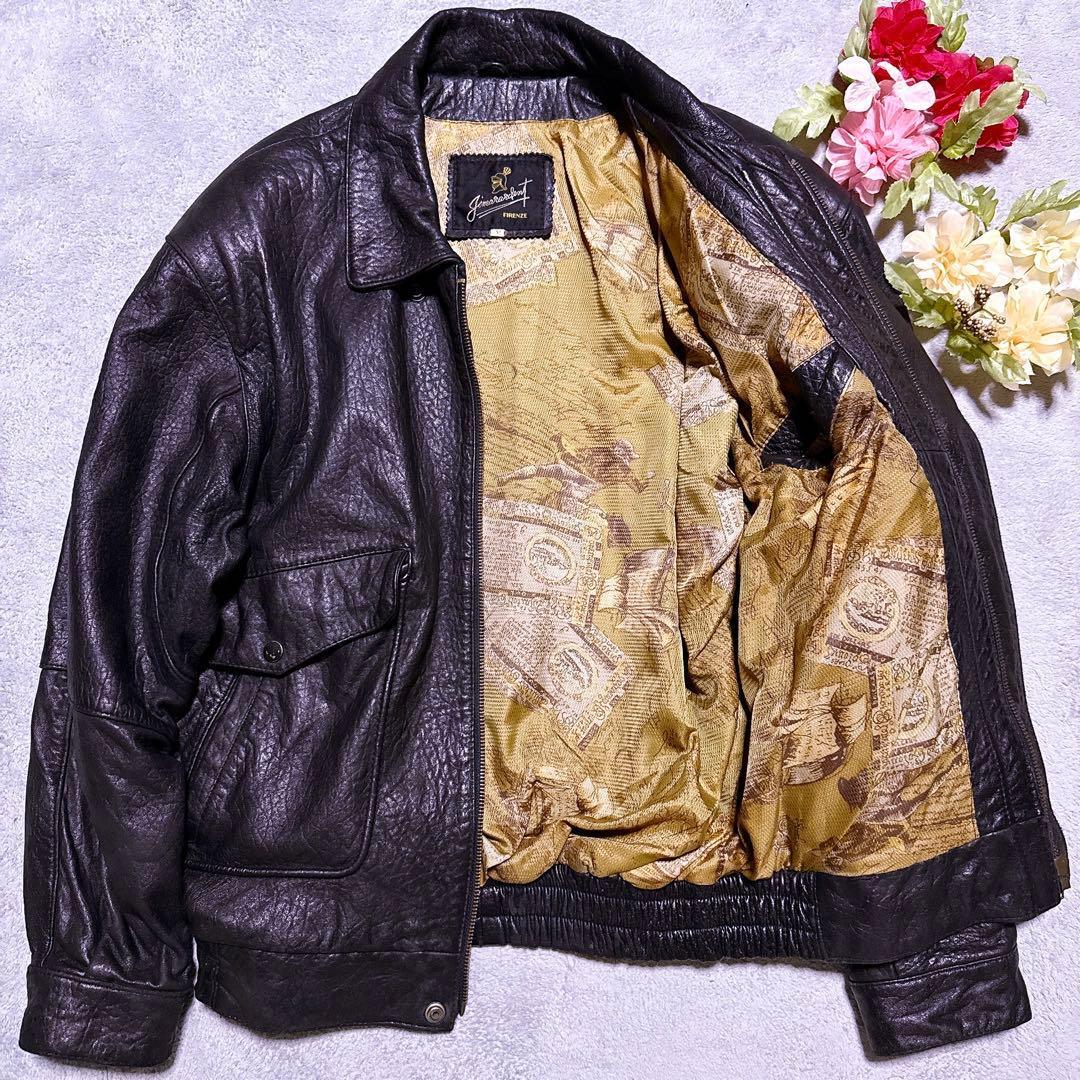 激レア 90s 80s 70s A-2【至高の逸品】real leather bomber jacket vtg e リアルレザー ボンバージャケット 総柄 メンズ ヴィンテージ 拍卖