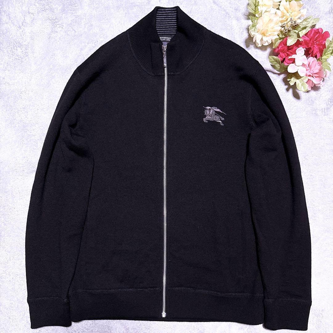 未使用【至高の逸品】BURBERRY BLACK LABEL バーバリーブラックレーベル ドライバーズニット 特大ホース刺繍 Wフェイス 羊毛 黒 L拍卖