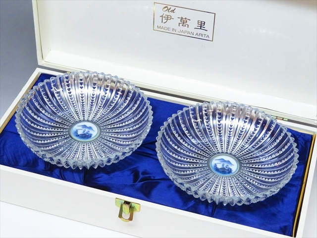 ◆◇林九郎窯 造 染付 芙蓉手 デザート皿 高台鉢 ガラス+磁器 2点セット 有田焼/波佐見焼 高7cm 径15cm 和食器 箱付 美品◇◆拍卖