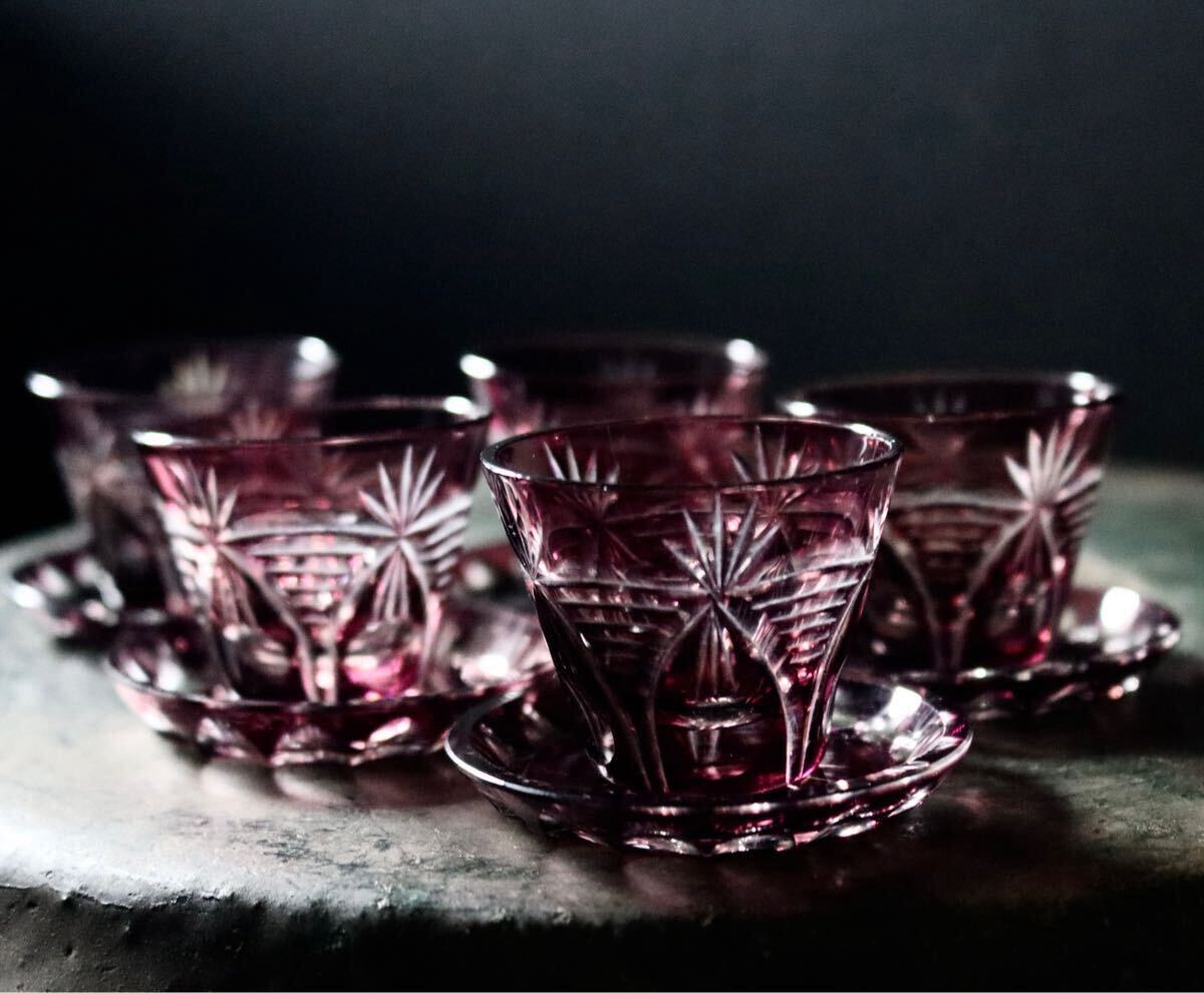 アンティーク 時代 美しい 切子 ガラス 切子グラス 5客 カット硝子 ガラスコップ 古美術 骨董 カップ ソーサー 拍卖