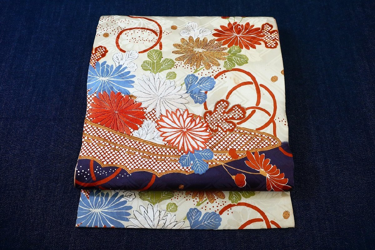 アンティーク 袋帯 刺繍 クリーム ブラウン 3m97cm 大正ロマン レトロ お洒落 正絹 着物フィ 20001拍卖