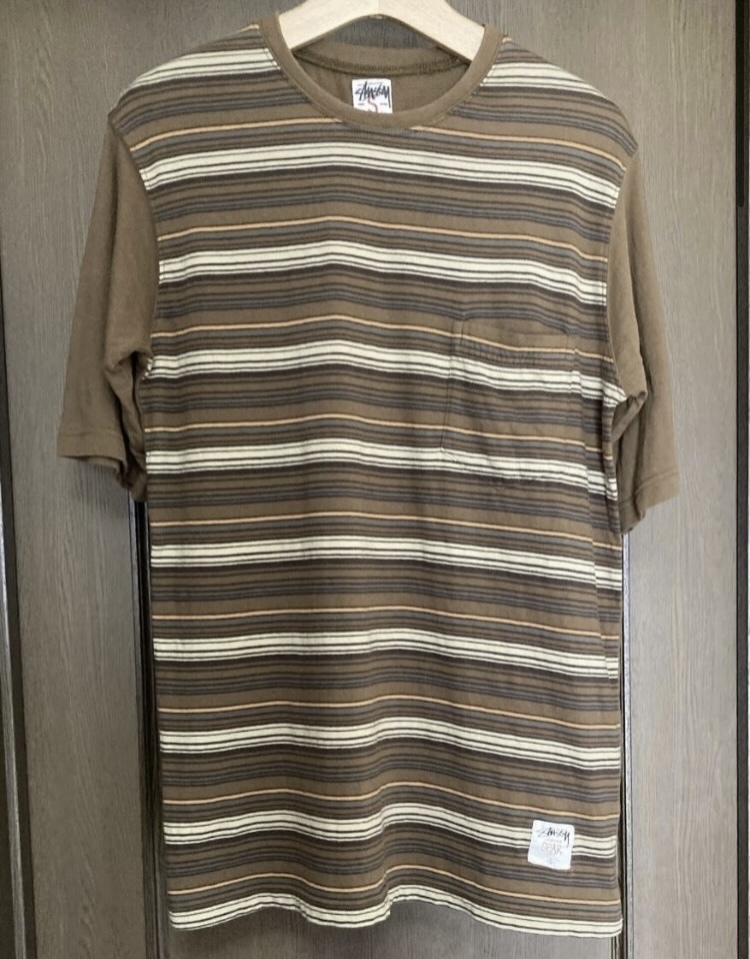 ☆送料安☆ STUSSY ステューシー Tシャツ メンズS (日本Mサイズ程度) ボーダー柄Tシャツ 茶色 ポケットT!拍卖