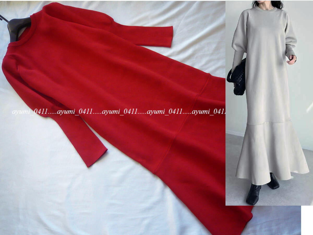 ★未使用★Re:EDIT リエディ/赤レッド・パフスリーブ ミラノリブ 裾切替フレアーニットワンピース/手洗い◎/SCサイズ拍卖