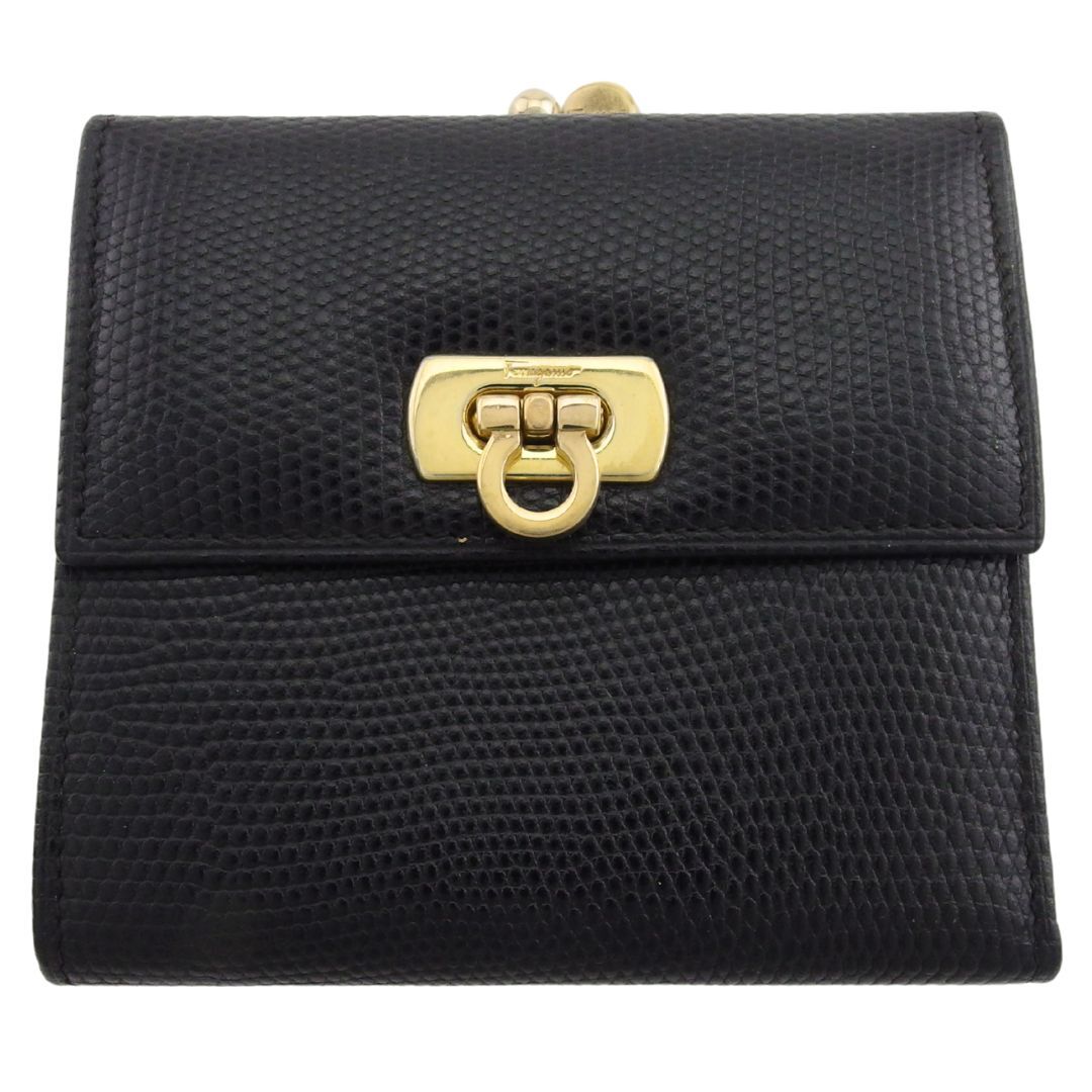 【30%OFFクーポン】サルヴァトーレフェラガモ Salvatore Ferragamo 二つ折り財布 ガンチーニ リザード調 ブラック レディース 中古拍卖