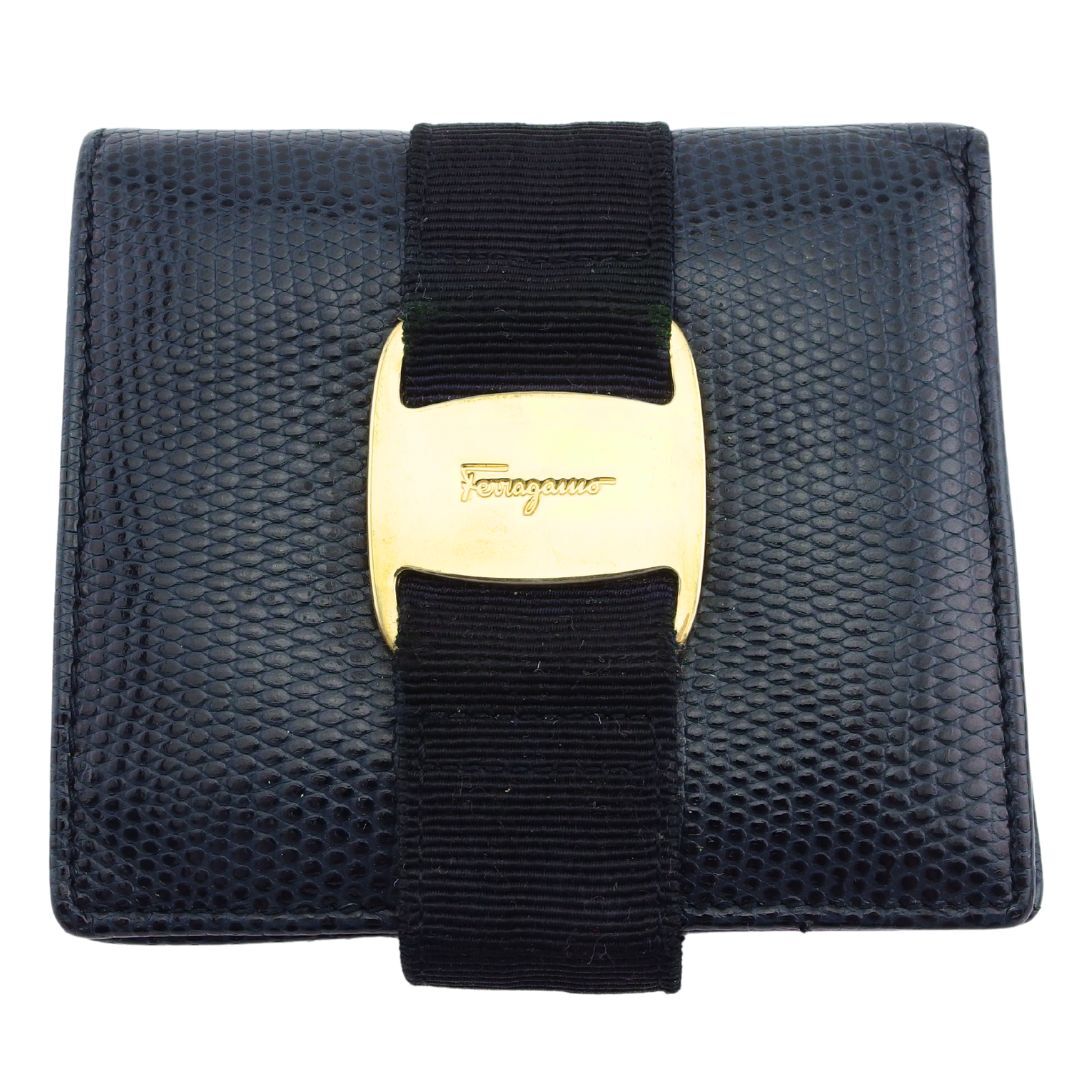 【30%OFFクーポン】サルヴァトーレフェラガモ Salvatore Ferragamo 二つ折り財布 ヴァラ金具 ネイビー×ゴールド レディース 中古拍卖