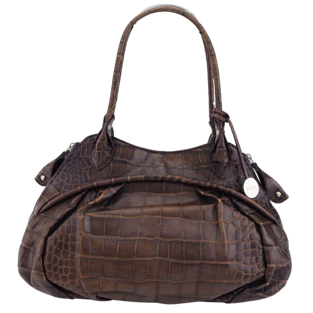フルラ Furla トートバッグ クロコ調 ロゴチャーム付き ブラウン レディース 中古拍卖