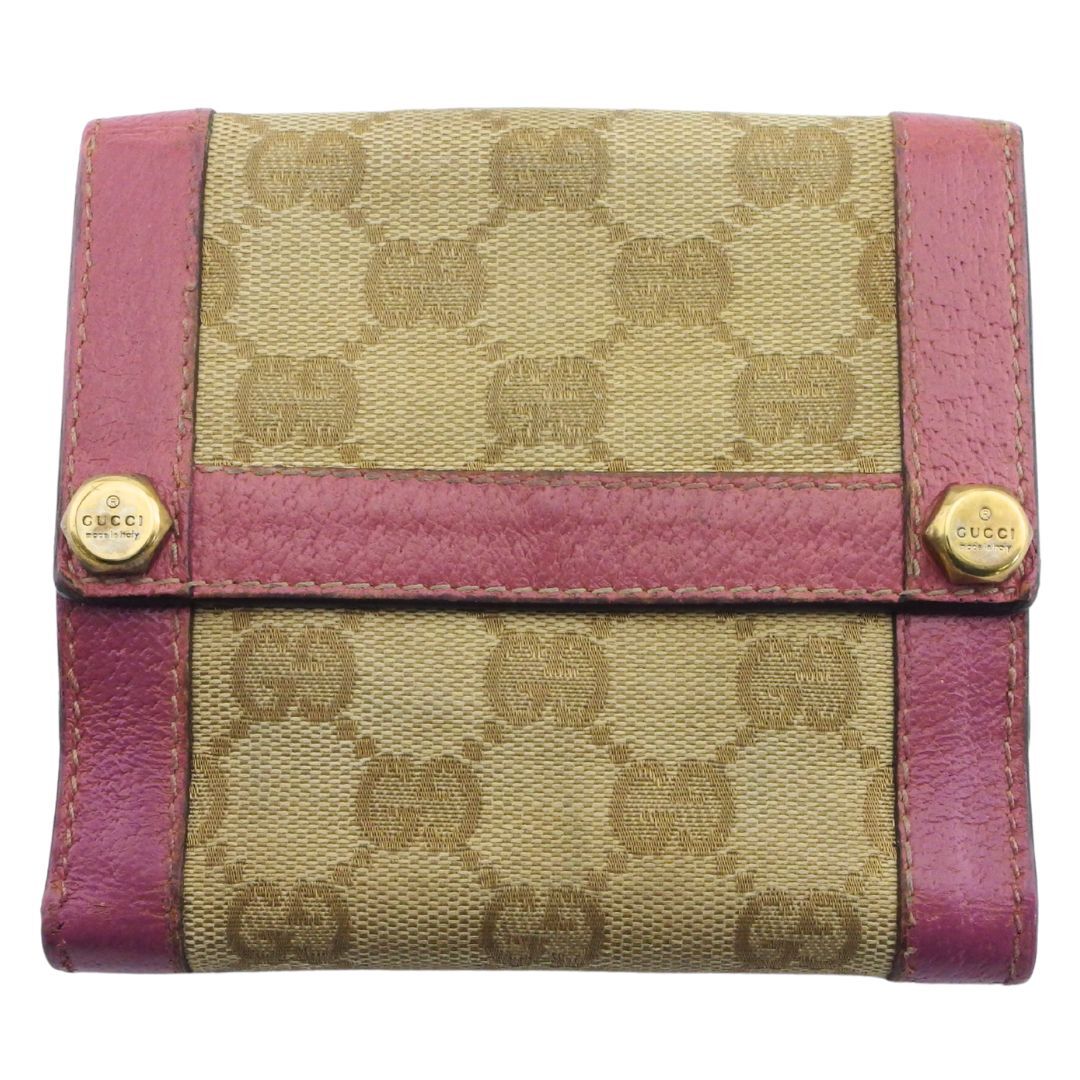グッチ GUCCI 二つ折り財布 GGキャンバス ベージュ ピンク レディース 中古拍卖