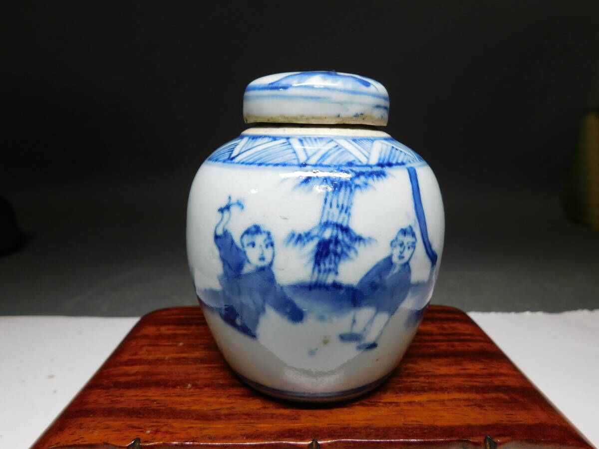 岡黒 稀少 初だし品 時代 中国美術 染付 青花人物小壺 茶入れ 無傷 美品 売り切り拍卖