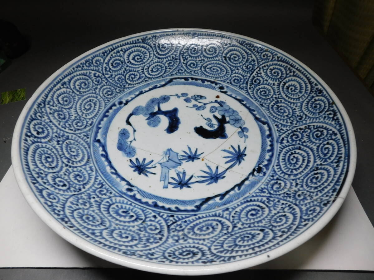 岡黒 稀少 初だし品 江戸期 蛸唐草 松竹梅 大皿 直径37cm 参考品 珍品 売り切り 拍卖