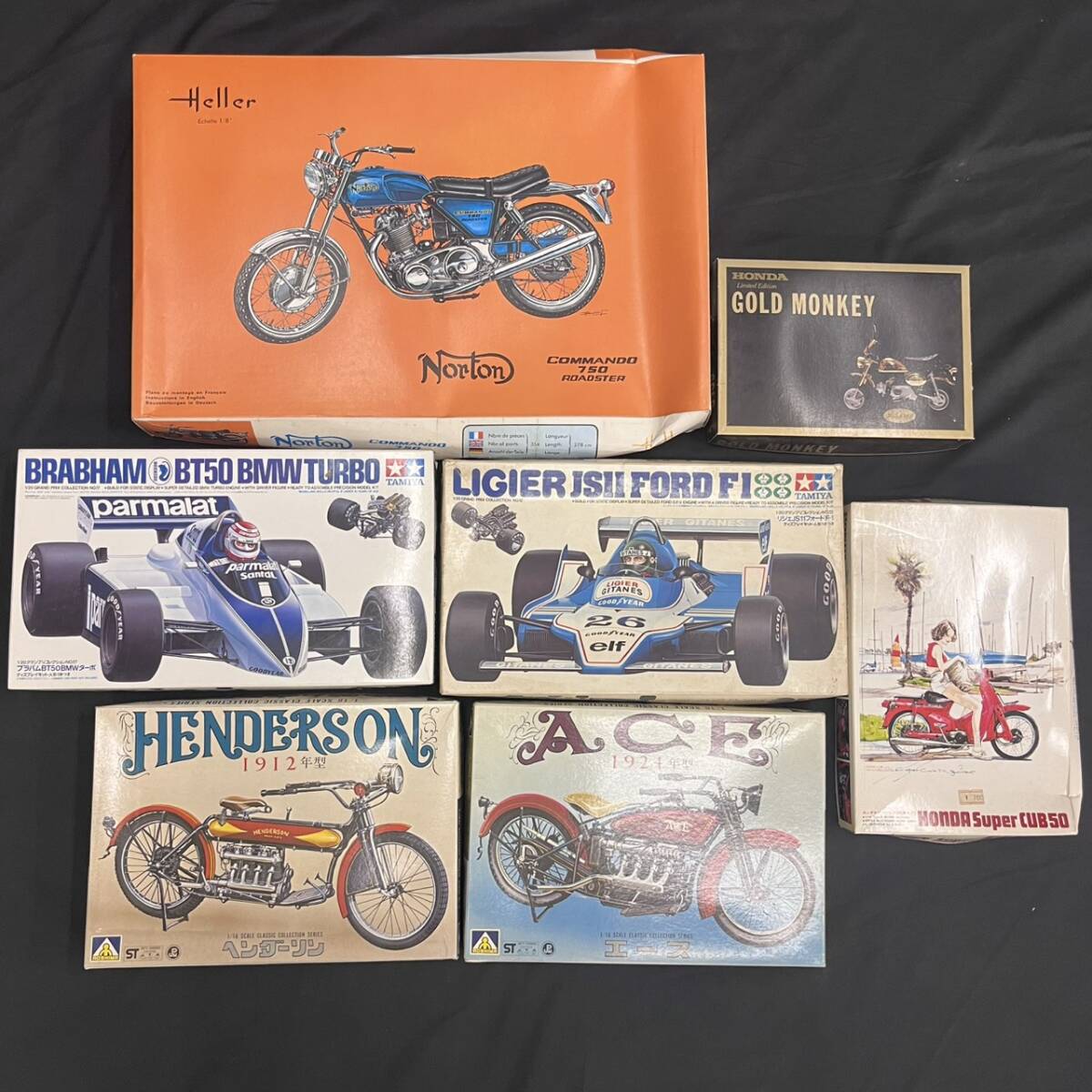 KIS/039869-2/3000/S104-77/【幕張】プラモデル7点まとめ Norton/GOLD MONKEY/BRABHAM BT50 BMW TURBO/LIGIER JSII FORD F1 他 箱付き拍卖