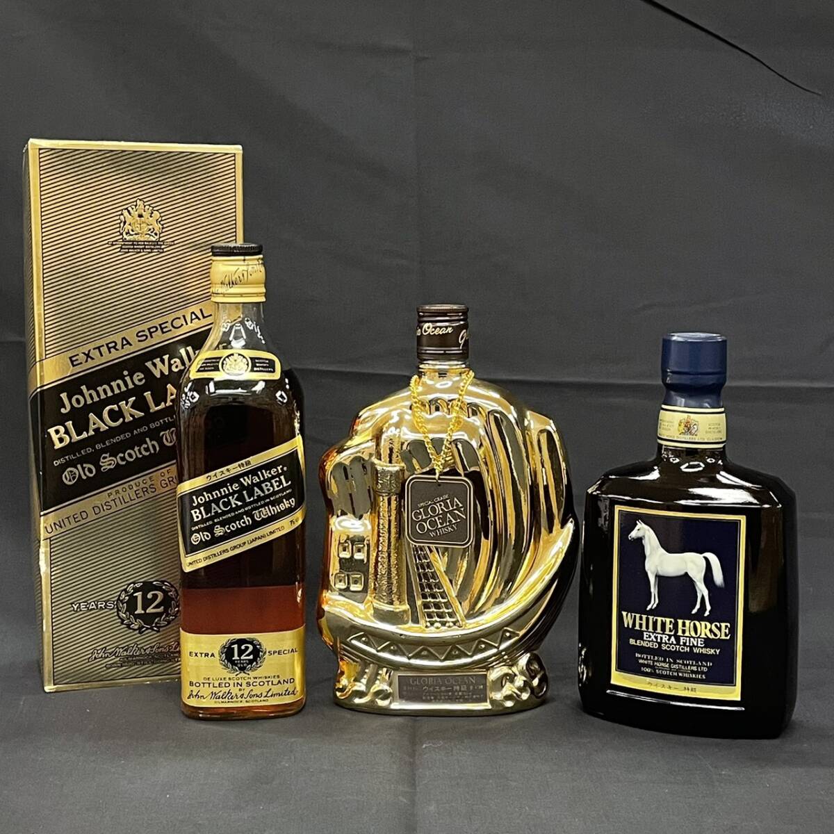 25仙/A011881-4/AJ3000/K112-430/酒3本まとめ【幕張】Johnnie Walker BLACK LABEL 12年 箱付き/GLORIA OCEAN/WHITE HORSE EXTRA FINE拍卖