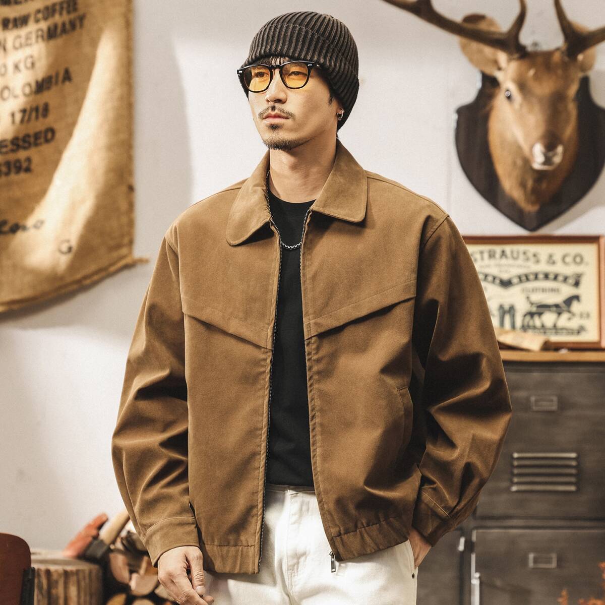 スエード ジャケット メンズ*新品 フライトジャケット アメカジ ジャンパー ブルゾン【K202580301311】カーキ 3XL拍卖