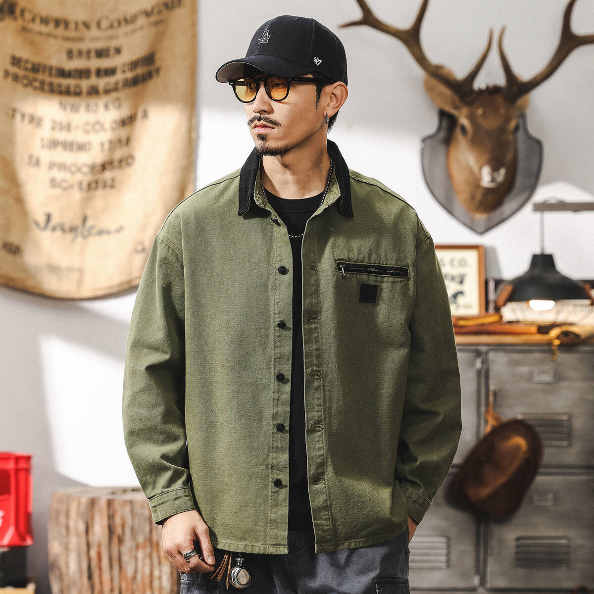 ワークシャツ カーゴシャツ メンズ・新品 長袖シャツ シャツジャケット ヴィンテージ トップス ブルゾン【1702】グリーン M拍卖