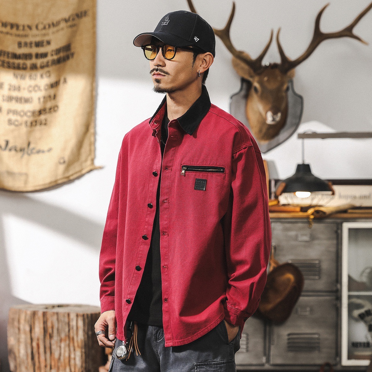 ワークシャツ カーゴシャツ メンズ・新品 長袖シャツ シャツジャケット ヴィンテージ トップス ブルゾン【1702】レッド XL拍卖