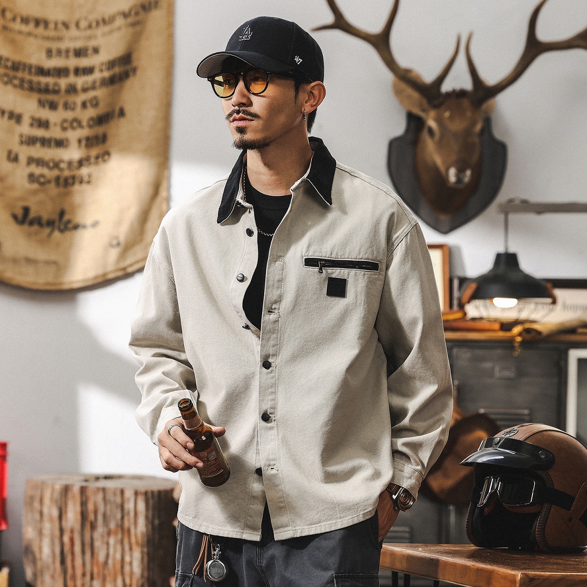 ワークシャツ カーゴシャツ メンズ・新品 長袖シャツ シャツジャケット ヴィンテージ トップス ブルゾン【1702】ベージュ M拍卖