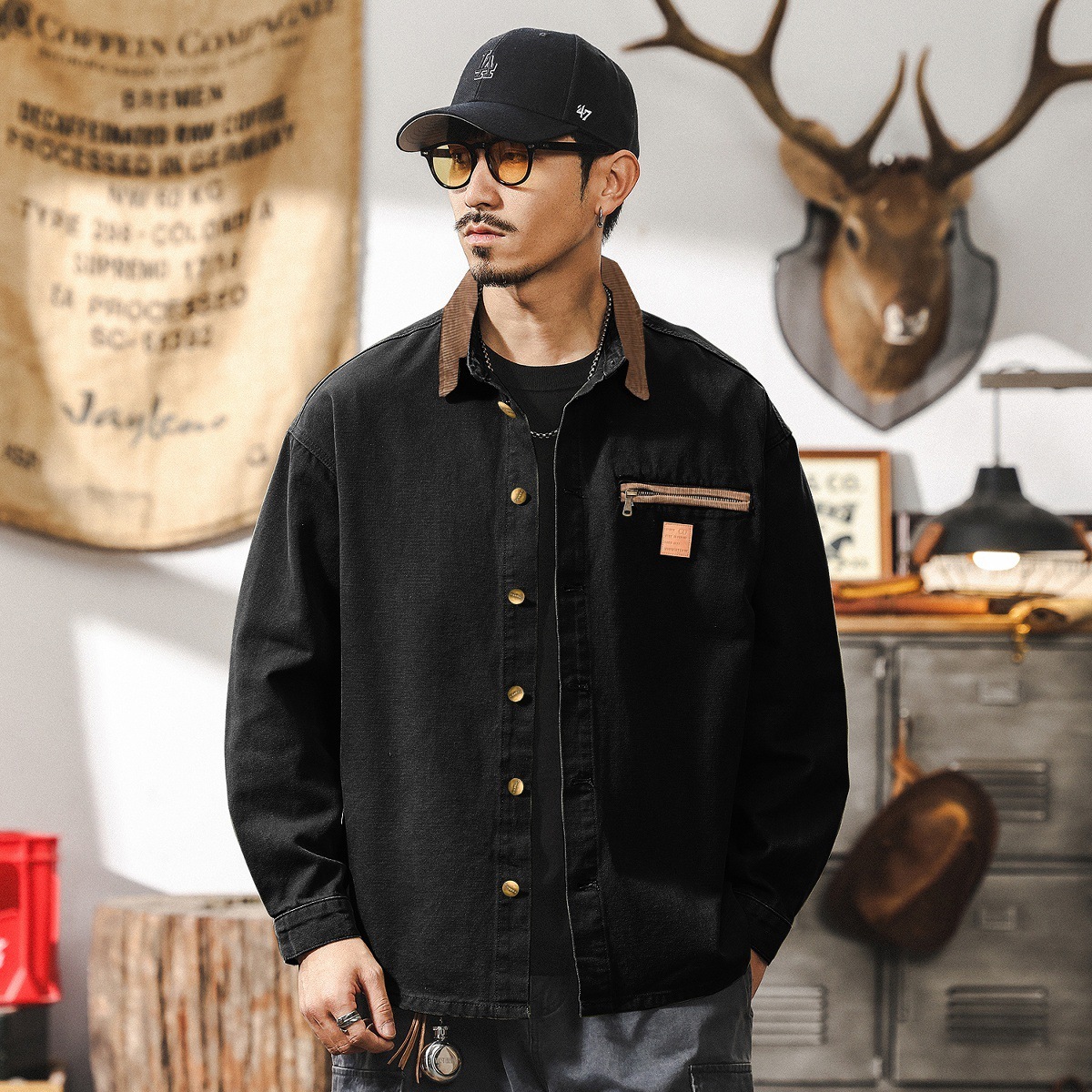 ワークシャツ カーゴシャツ メンズ・新品 長袖シャツ シャツジャケット ヴィンテージ トップス ブルゾン【1702】黒 L拍卖