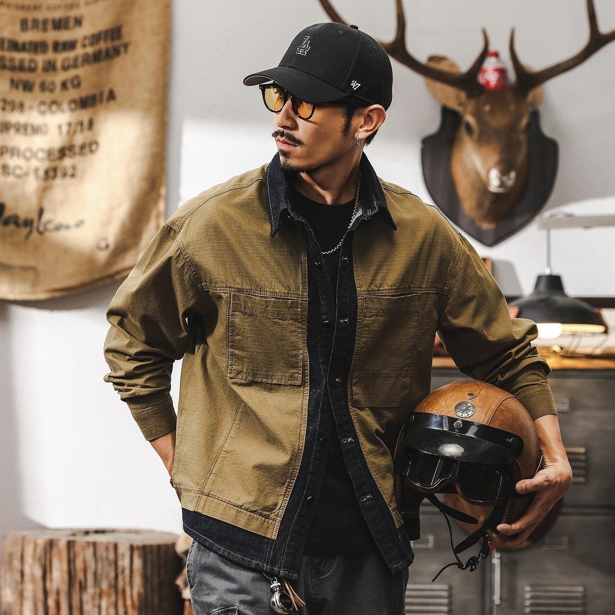 ワークジャケット カーゴシャツ シャツジャケット メンズ・新品 長袖シャツ ヴィンテージ 春秋 トップス ブルゾン【1320】カーキ 3XL拍卖